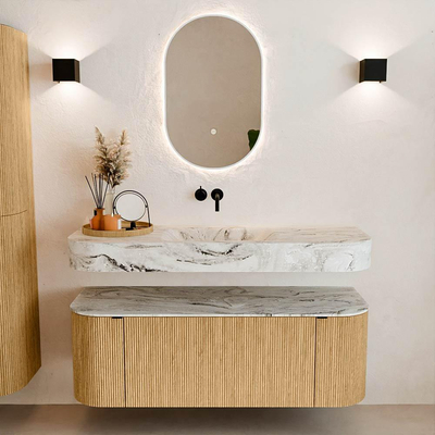 MONDIAZ THOR-DLUX 130cm badmeubel ronding links + rechts kleur Oak met 1 lade en 2 deuren. Vrijhangende wastafel CLOUD Midden zonder kraangat kleur Glace.