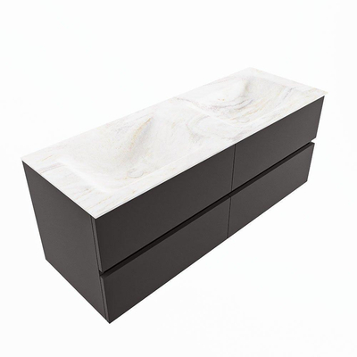 Mondiaz VICA-DLUX Ensemble de meuble de salle de bain - 130cm - meuble sous-vasque gris foncé - 4 tiroirs - lavabo encastré cloud double - 2 trous de robinet - version haute de 60cm - ostra