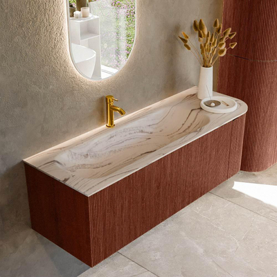 MONDIAZ KURVE-DLUX meuble de salle de bains 135 cm arrondi à droite couleur Ruby avec 1 tiroir et 1 porte. Lavabo BIG MEDIUM à gauche 1 trou de robinet Nata.