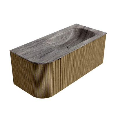 MONDIAZ KURVE-DLUX Meuble de salle de bains 105cm arrondi à gauche couleur Dusk avec 1 tiroir et 1 porte. Lavabo BIG SMALL à droite sans trou de robinet Oza.