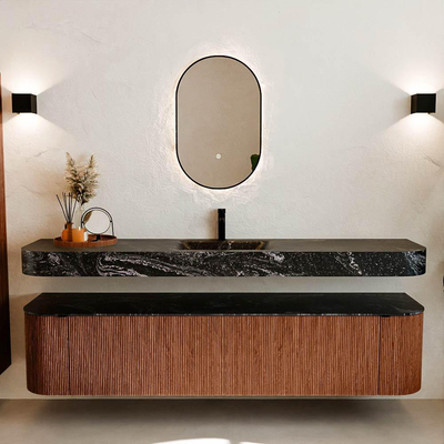 MONDIAZ THOR-DLUX Meuble de salle de bains - 200cm - arrondi gauche + droite - couleur Ruby - 2 tiroirs - 2 portes - Vasque suspendue CLOUD Milieu 1 trou de robinet - couleur Lava