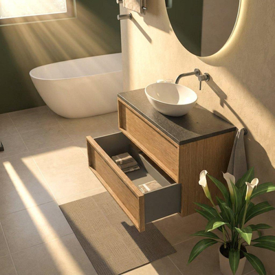 Saniclass Holz Frame Ensemble de meubles de salle de bains - 100x45x63cm - plan vasque en basalte Noche poli (noir) - sans trou de robinet - 2 tiroirs - chêne naturel mat (bois)