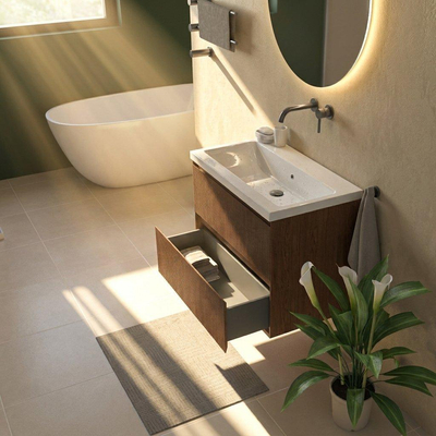 Saniclass Holz Atelier Ensemble de meuble de salle de bains - 80x45x63.5cm - lavabo en céramique Bari blanc - 1 vasque - sans trou de robinet - 2 tiroirs - walnut pure mat (bois)