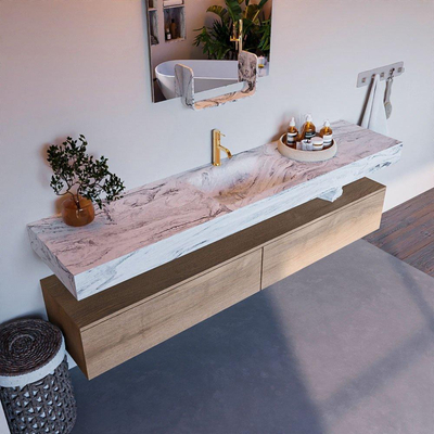 Mondiaz ALAN-DLUX Ensemble de meuble - 200cm - meuble Washed Oak mat - 2 tiroirs - Lavabo Cloud Glace suspendu - vasque Centre - 1 trou de robinet