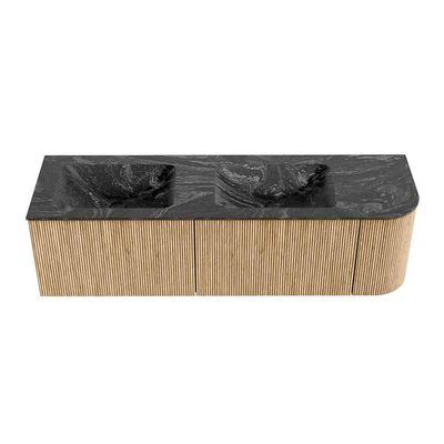 MONDIAZ KURVE-DLUX 155cm Meuble salle de bain avec module 25 D - couleur Oak - 2 tiroirs - 1 porte - vasque LEAF double / gauche - sans trou de robinet - couleur Lava