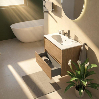 Saniclass Holz Pure Ensemble de meubles de salle de bains - 80x45x73.9cm - lavabo Chaci en céramique blanc - 1 vasque - 1 trou de robinetterie - 2 tiroirs - chêne natural mat (bois)