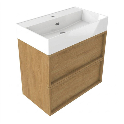 Saniclass Holz Frame Ensemble de meubles de salle de bains - 80x45x72cm - Lavabo Legend en céramique blanc - 1 vasque - 1 trou de robinet - 2 tiroirs - chêne natural mat (bois)