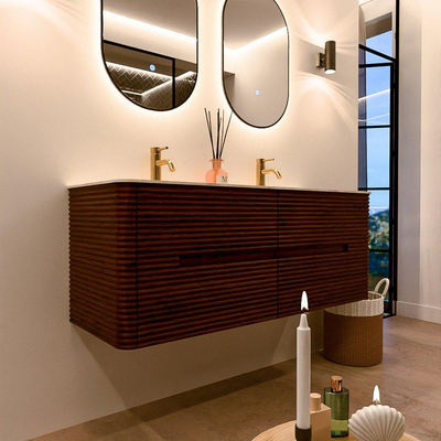 Mondiaz CIRO-DLUX Badkamermeubelset - 130x45x50cm - Solid surface wastafel Ostra - 2 wasbak Dubbel - 2 kraangaten - 4 lades - Ruby
