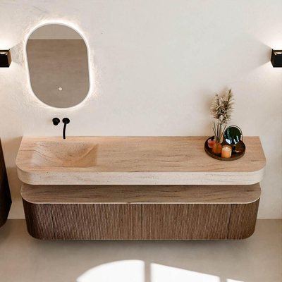 MONDIAZ THOR-DLUX 190cm badmeubel ronding links + rechts kleur Walnut met 2 lades en 2 deuren. Vrijhangende wastafel CLOUD Links zonder kraangat kleur Saba.