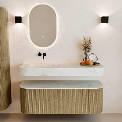 MONDIAZ THOR-DLUX 130cm meuble de salle de bains arrondi gauche + droite couleur Dusk avec 1 tiroir et 2 portes. Vasque suspendue CLOUD Gauche sans trou de robinet couleur Opalo.