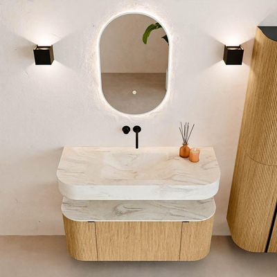 MONDIAZ THOR-DLUX 110cm badmeubel ronding links + rechts kleur Oak met 1 lade en 2 deuren. Vrijhangende wastafel CLOUD Midden zonder kraangat kleur Ostra.
