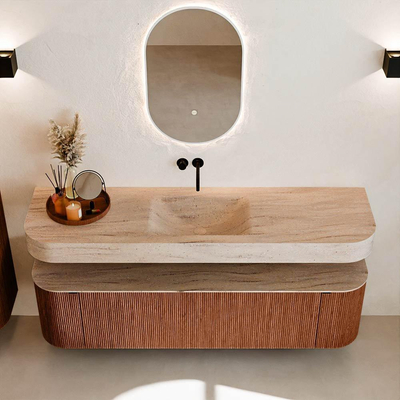 MONDIAZ THOR-DLUX Meuble de salle de bains - 170cm - arrondi gauche + droite - couleur Ruby - 1 tiroir - 2 portes - Vasque suspendue CLOUD Milieu sans trou de robinet couleur Saba