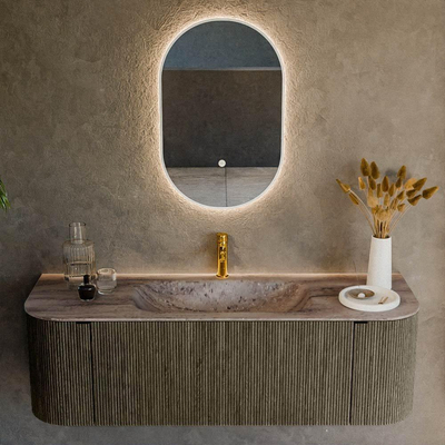 MONDIAZ KURVE-DLUX Meuble de salle de bains 140cm arrondi Gauche + Droite couleur Shadow avec 1 tiroir et 2 portes. Lavabo BIG SMALL Central 1 trou de robinet Oza.