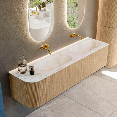 MONDIAZ KURVE-DLUX meuble de salle de bains 175 cm avec module 25 L couleur Oak avec 2 tiroirs et 1 porte. Lavabo STOR SMALL double / à droite sans trou de robinet couleur Frappe.