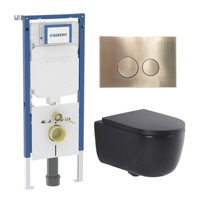 QeramiQ Dely Swirl Pack WC - 36,3x51,7cm - réservoir encastré Geberit UP720 Duofix Sigma - assise 35mm - plaque de déclenchement en laiton brossé - boutons ronds - noir mat