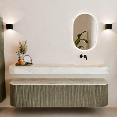 MONDIAZ THOR-DLUX 180cm meuble de salle de bains arrondi gauche + droite couleur Shadow avec 2 tiroirs et 2 portes. Vasque suspendue CLOUD Droite sans trou de robinet couleur Ostra.