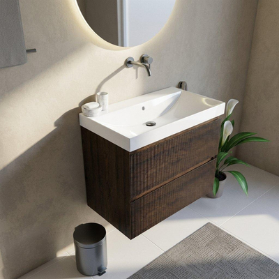 Saniclass Holz Atelier Ensemble meuble de salle de bains - 80x45x67.5cm - lavabo Wave en céramique - 1 vasque - sans trou de robinetterie - 2 tiroirs - chêne charcoal mat (bois)