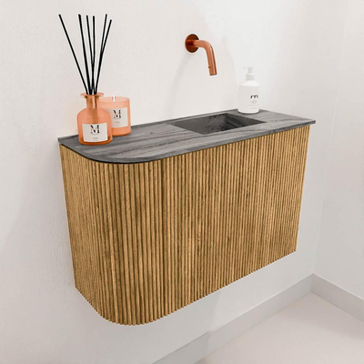Mondiaz JOYA-DLUX 61.6cm toiletmeubel - ronding links kleur Oak - Wastafel FAYE positie Rechts Zonder kraangat kleur Sombra.