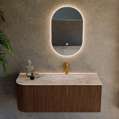 MONDIAZ KURVE-DLUX Meuble de salle de bains 115 cm arrondi à gauche couleur Walnut avec 1 tiroir et 1 porte. Lavabo BIG SMALL à droite 1 trou de robinet Nata.