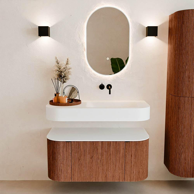 MONDIAZ THOR 100cm meuble de salle de bains arrondi gauche + droite couleur Ruby avec 1 tiroir et 2 portes. Vasque suspendue CLOUD droite sans trou de robinet couleur Talc.