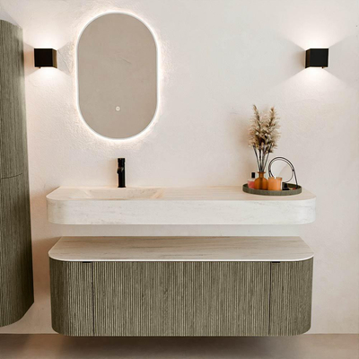 MONDIAZ THOR-DLUX 140cm meuble de salle de bains arrondi gauche + droite couleur Shadow avec 1 tiroir et 2 portes. Vasque suspendue CLOUD Gauche 1 trou de robinet couleur Meli.