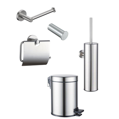 FugaFlow Eccelente Ensemble d'accessoires WC 5 pièces - porte-rouleau de papier toilette - porte-rouleau de réserve - porte-brosse WC - crochet porte-serviette - poubelle à pédale - Acier inoxydable brossé PVD