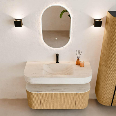 MONDIAZ THOR-DLUX 110cm badmeubel ronding links + rechts kleur Oak met 1 lade en 2 deuren. Vrijhangende wastafel CLOUD Midden 1 kraangat kleur Meli.