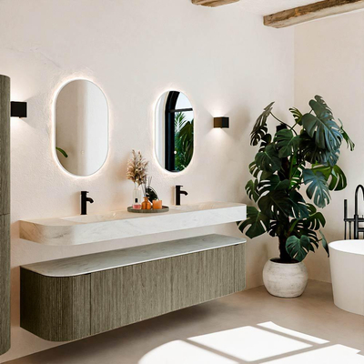 MONDIAZ THOR-DLUX Meuble de salle de bains - 190cm - arrondi gauche + droite - couleur Shadow - 2 tiroirs - 2 portes - Vasque suspendue CLOUD Double 2 trous de robinet - couleur Opalo