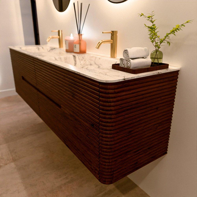 Mondiaz CIRO-DLUX Badkamermeubelset - 180x45x50cm - Solid surface wastafel Glace - 2 wasbak Dubbel - 2 kraangaten - 4 lades - Ruby
