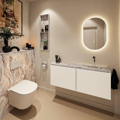 MONDIAZ TURE-DLUX meuble de toilette 120 cm Talc. EDEN lavabo Glace position à droite. Sans trou de robinet.