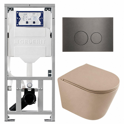 QeramiQ Dely Pack WC - 36,3x51,7cm - à fond creux - sans bride - réservoir encastré Geberit UP320 - abattant WC à fermeture douce - plaque de déclenchement gunmetal - boutons ronds - beige mat