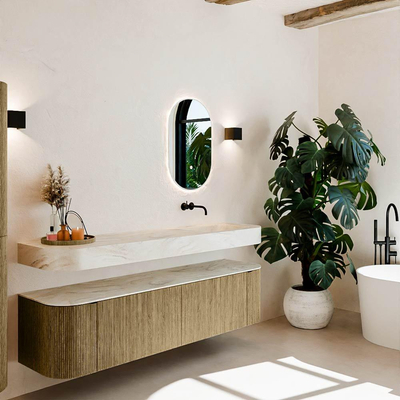 MONDIAZ THOR-DLUX 180cm meuble de salle de bains arrondi gauche + droite couleur Dusk avec 2 tiroirs et 2 portes. Vasque suspendue CLOUD Droite sans trou de robinet couleur Ostra.