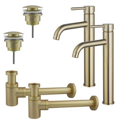 FugaFlow Eccelente Sobrado Kit robinet lavabo - pour double vasque - robinet rehaussé - bonde clic clac - siphon design bas - Laiton brossé PVD