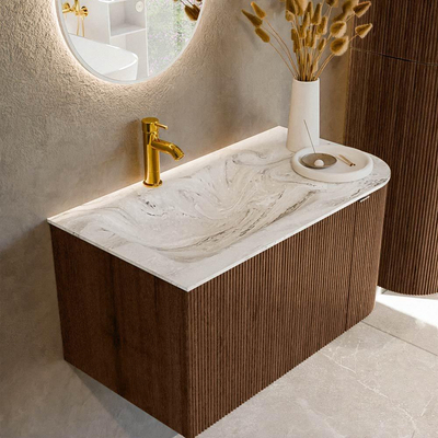 MONDIAZ KURVE-DLUX 85cm Meuble salle de bain avec module 25 D - couleur Walnut - 1 tiroir - 1 porte - vasque CLOUD gauche - 1 trou de robinet - couleur Glace