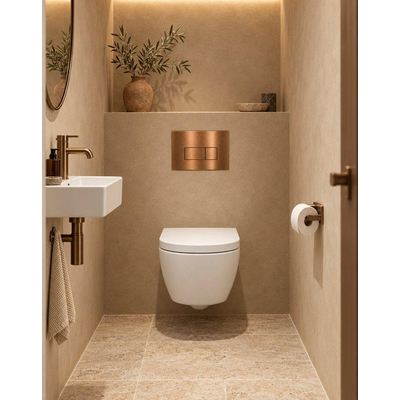 QeramiQ Dely Swirl Compact Ensemble WC - réservoir encastré QeramiQ flush - abattant 25 mm - plaque de commande métallique cuivre - boutons rectangulaires - blanc mat