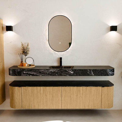 MONDIAZ THOR-DLUX Meuble de salle de bains 190cm arrondi gauche + droite couleur Oak avec 2 tiroirs et 2 portes. Vasque suspendue CLOUD Milieu 1 trou de robinet couleur Lava.