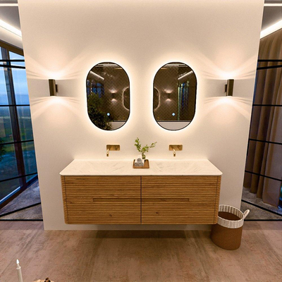 Mondiaz CIRO-DLUX Badkamermeubelset - 150x45x50cm - Solid surface wastafel Opalo - 2 wasbak Dubbel - zonder kraangaten - 4 lades - Oak
