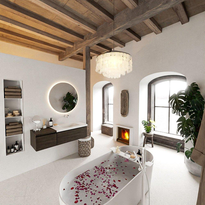 MONDIAZ BUKLA 120cm ensemble de meuble avec module 40 couleur Marron Foncé avec 2 tiroirs. Lavabo CLOUD à droite 0 trous de robinet couleur Talc.