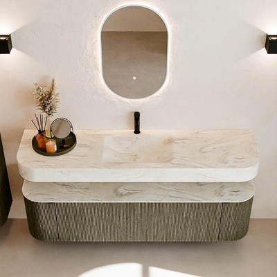 MONDIAZ THOR-DLUX 170cm meuble de salle de bains arrondi gauche + droite couleur Shadow avec 1 tiroir et 2 portes. Vasque suspendue CLOUD Milieu 1 trou de robinet couleur Ostra.