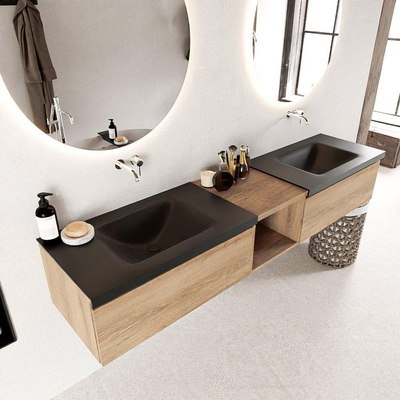 Mondiaz bukla ensemble de meubles de bain 200x45x34cm 0 robinetterie 2 lavabos surface solide urbaine sans poignée 2 tiroirs avec fermeture douce mélamine chêne lavé
