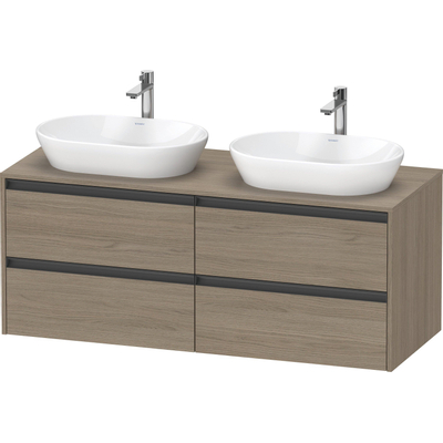 Duravit Ketho.2 Wastafelonderbouwkast - inclusief consoleplaat - met 4 laden - voor dubbele waskommen - 140x55x56.8cm - met handgrepen antraciet - eiken terra mat