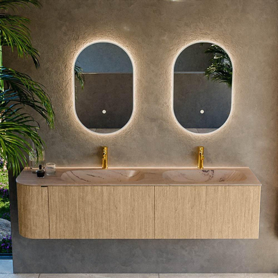 MONDIAZ KURVE-DLUX 175cm meuble de salle de bains arrondi à gauche couleur Chêne avec 2 tiroirs et 1 porte. Lavabo STOR SMALL Double / Droite 2 trous de robinet Arena.