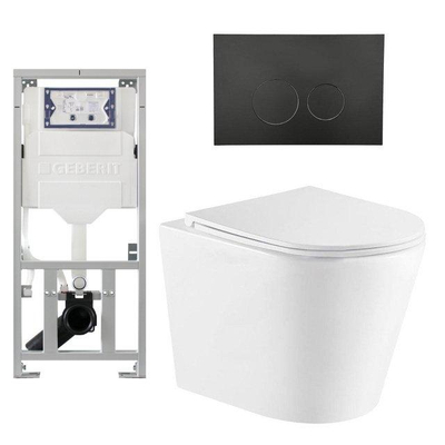 QeramiQ Dely Pack WC cuvette sans bride 36.3x51.7cm avec bâti-support Geberit UP320 abattant WC blanc brillant frein de chute et plaque de commande Noir mat boutons Ronds