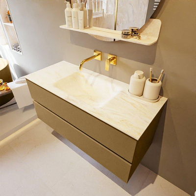 Mondiaz VICA-DLUX ensemble de meuble de salle de bain - 110cm - meuble sous-vasque oro - 2 tiroirs - lavabo encastré cloud milieu - sans trous de robinet - miroir modèle spot - version XL 60cm haut - ostra