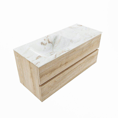 VICA-DLUX 110 cm en finition Chêne Lavé (Washed Oak), avec 2 tiroirs. Vasque encastrée CLOUD à gauche, 1 trou pour robinet, coloris Frappe.