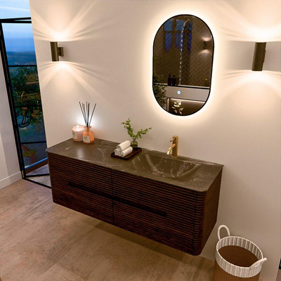 Mondiaz CIRO-DLUX Badkamermeubelset - 140x45x50cm - Solid surface wastafel Lava - 1 wasbak Rechts - 1 kraangat - 4 lades - Walnut