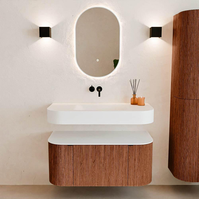 MONDIAZ THOR 100cm meuble de salle de bains arrondi gauche + droite couleur Ruby avec 1 tiroir et 2 portes. Vasque suspendue CLOUD Milieu sans trou de robinet couleur Talc.