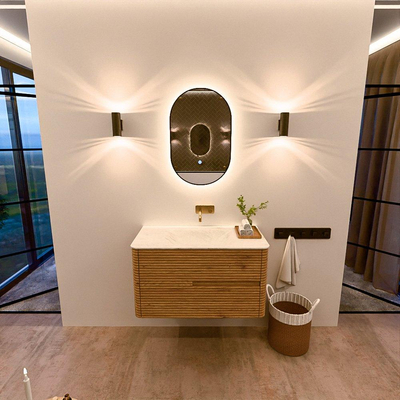 Mondiaz CIRO-DLUX Badkamermeubelset - 90x45x50cm - Solid surface wastafel Opalo - 1 wasbak Midden - zonder kraangaten - 2 lades - Oak