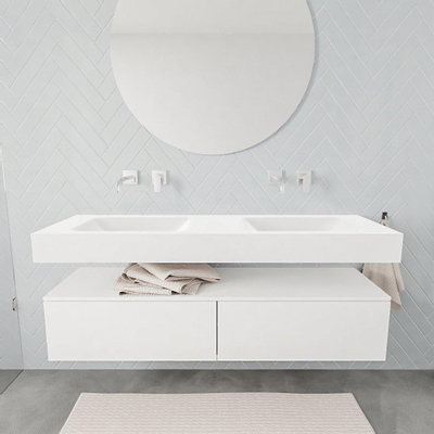 MONDIAZ ALAN 150cm - meuble bas - 2 tiroirs - lavabo suspendu - 2 vasques - 0 trous de robinet - talc