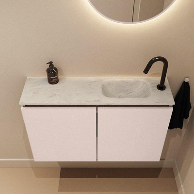 MONDIAZ TURE-DLUX Meuble de toilettes 80cm Rosee. Lavabo EDEN Opalo position à droite. Avec 1 trou de robinet.